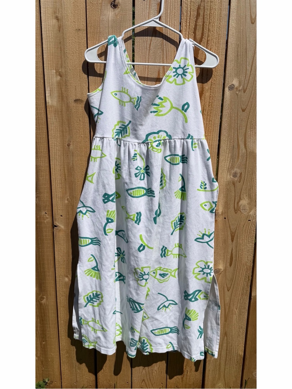 White Tank Summer Dress with Green & Teal Fish Print